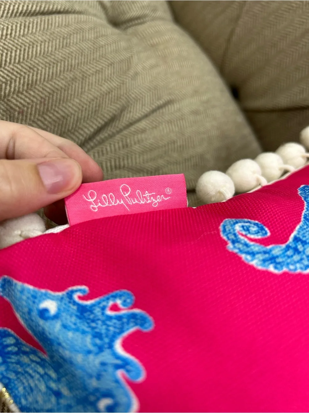Lilly Pulitzer Hot Pink Pillow with Blue Seahorse Print and White Pom Trim